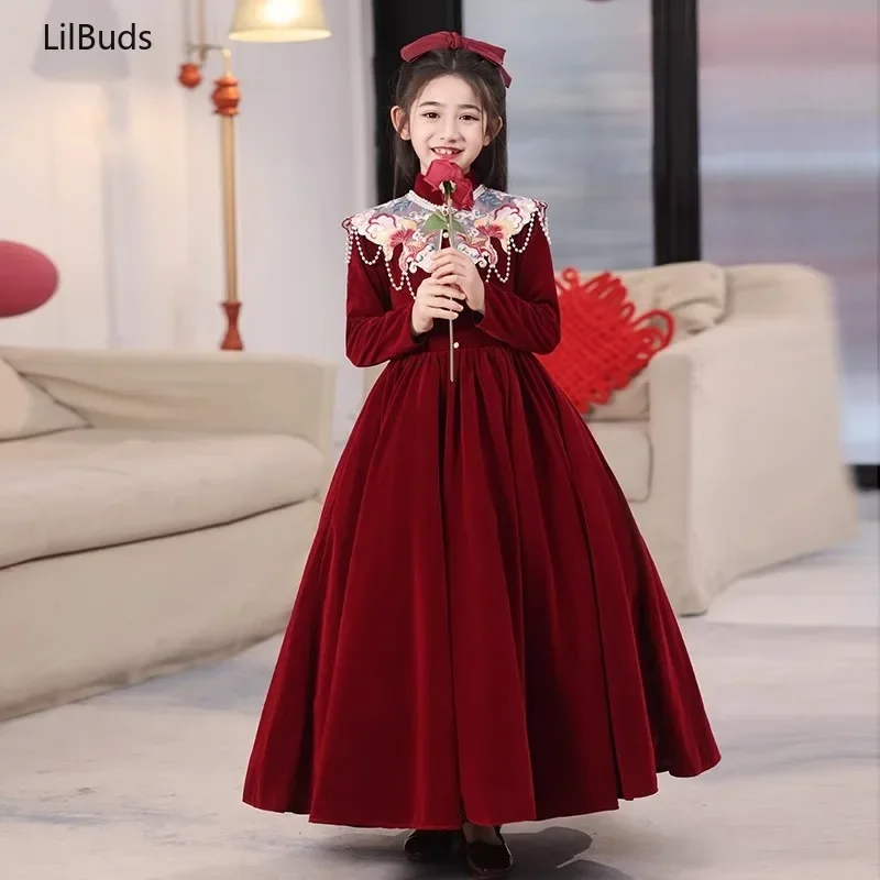 2024 Kids Red Birthday Dress Clothes Flower Girl Little Girl Princess Elegant Children Piano Performance Party Autumn Winter