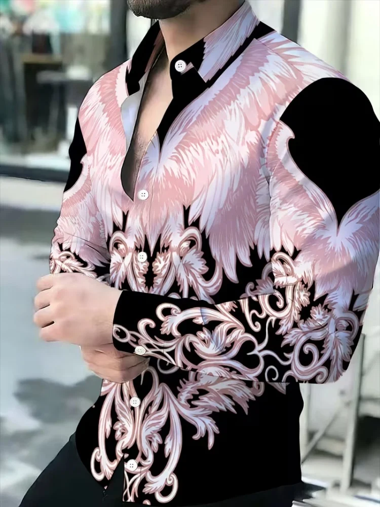 Retro men's long sleeved shirt, personalized angel wings full body printed top, fashionable and versatile casual men's shirt