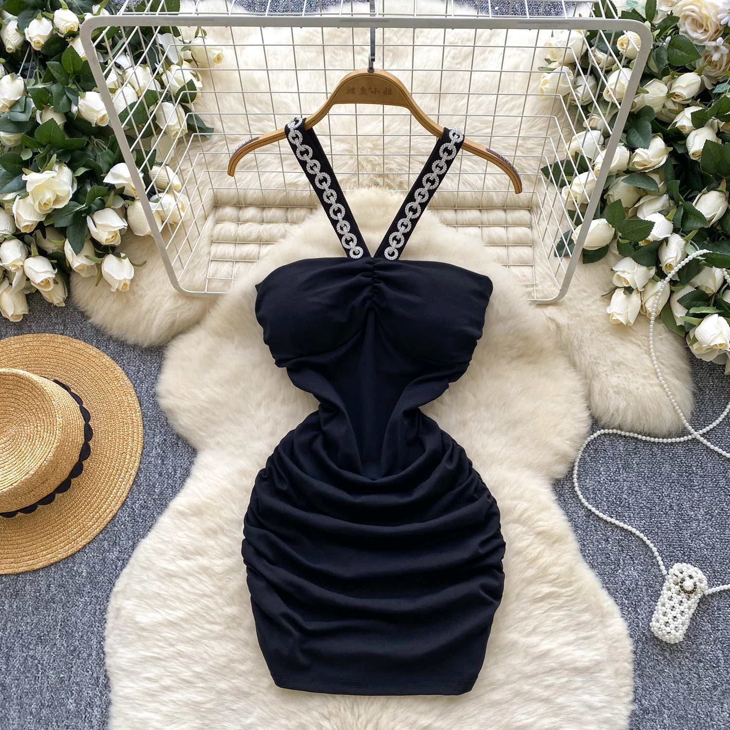 Chic vintage Impiombato aderente senza maniche Elegante fata moda coreana Boho Vestito estivo da donna mini abito