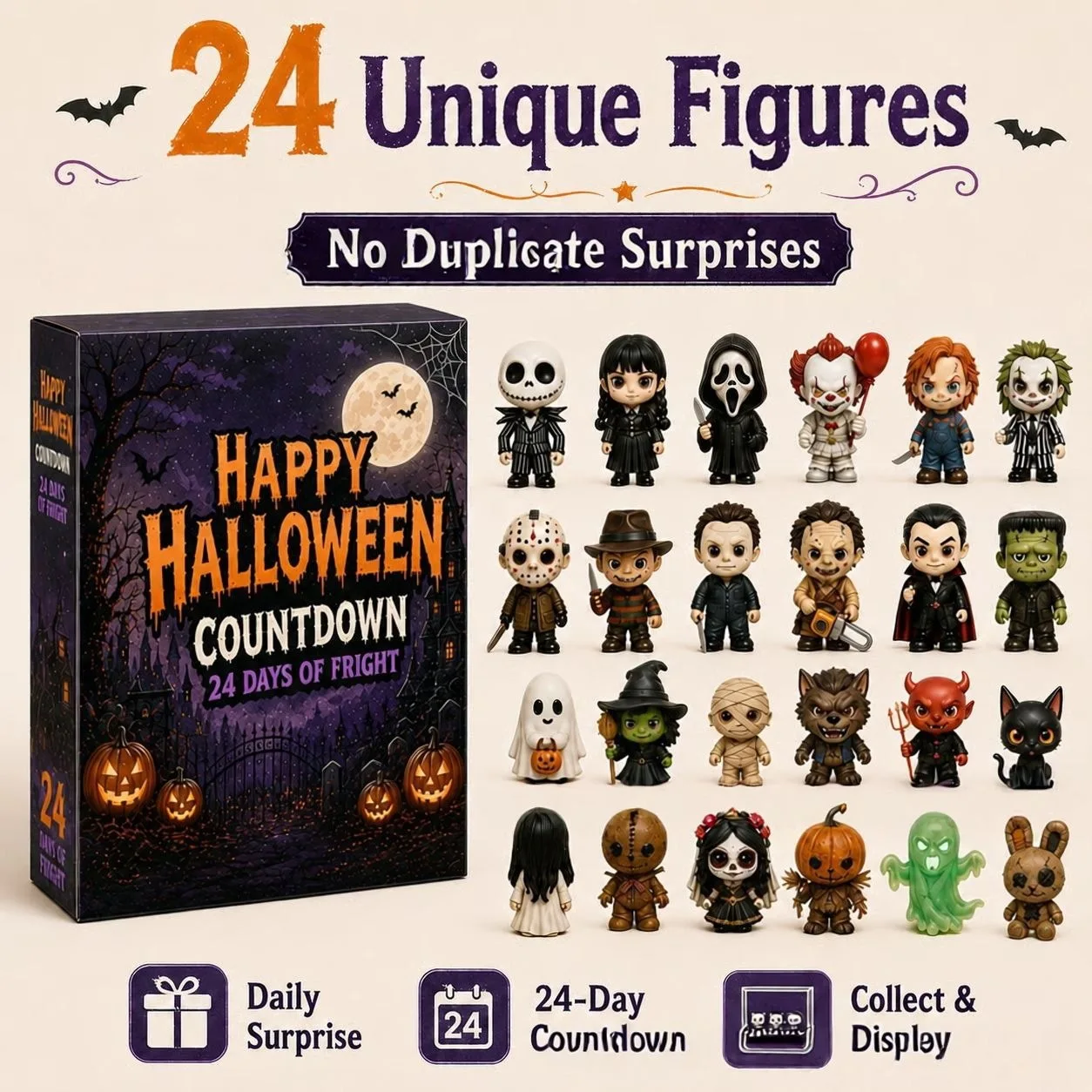2026 Halloween-Adventskalender 24-Tage-Countdown 24-teiliges Horrorfilm-Minifiguren-Set Tischdekoration für Zuhause und Party Überraschungsgeschenk