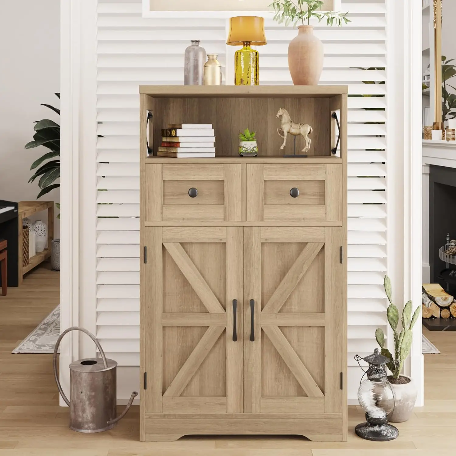 Natural Style Storage Cabinet with Drawers and Shelves, Standing Kitchen Pantry Cabinet, Floor Storage Cabinet Hutch Cupboard