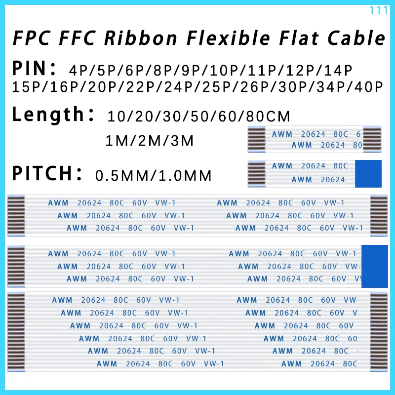 10PCS FPC FFC Ribbon Flexible Flat Cable 4/6/8/10/12/14/16/18/20/24/30/34/40/50/60P Pin Pitch 0.5MM 1.0MM A-Type Wire Length