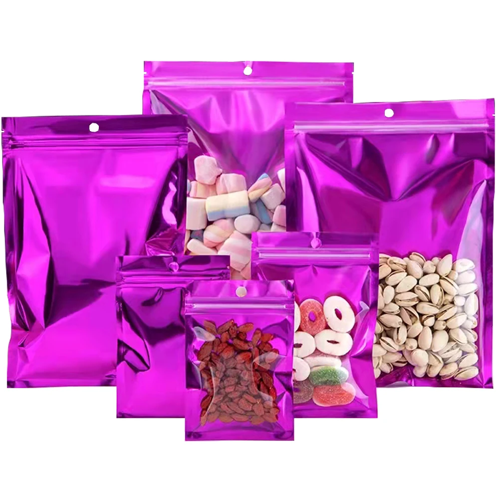 

100Pcs Purple Mylar Foil Package Bags with Hang Hole Transparent Zip Lock Bag Resealable Storage Bag for Food Nuts Snacks