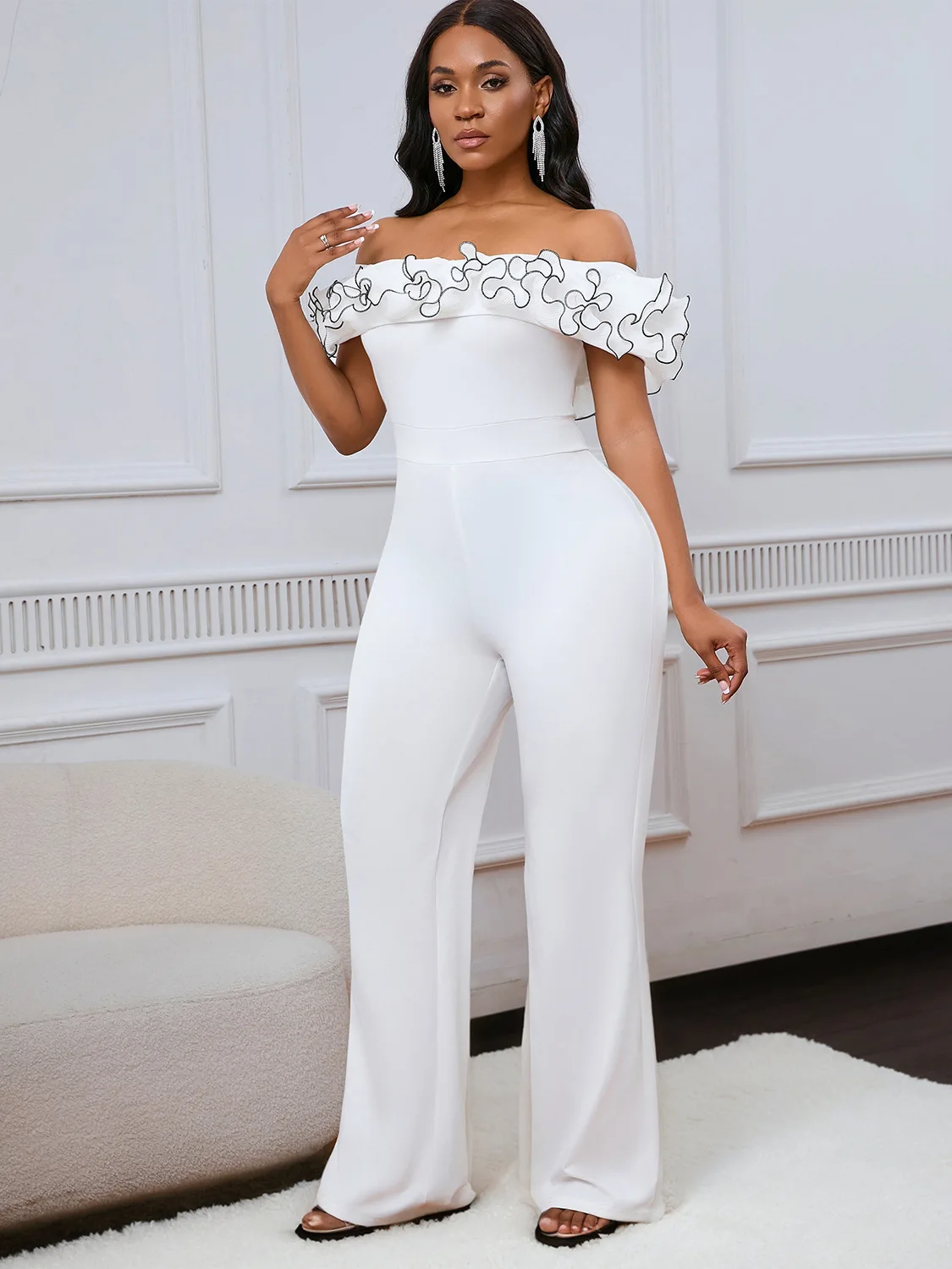 

Women's 2024 new sexy tight solid color one-line collar ruffled off-the-shoulder short-sleeved jumpsuit