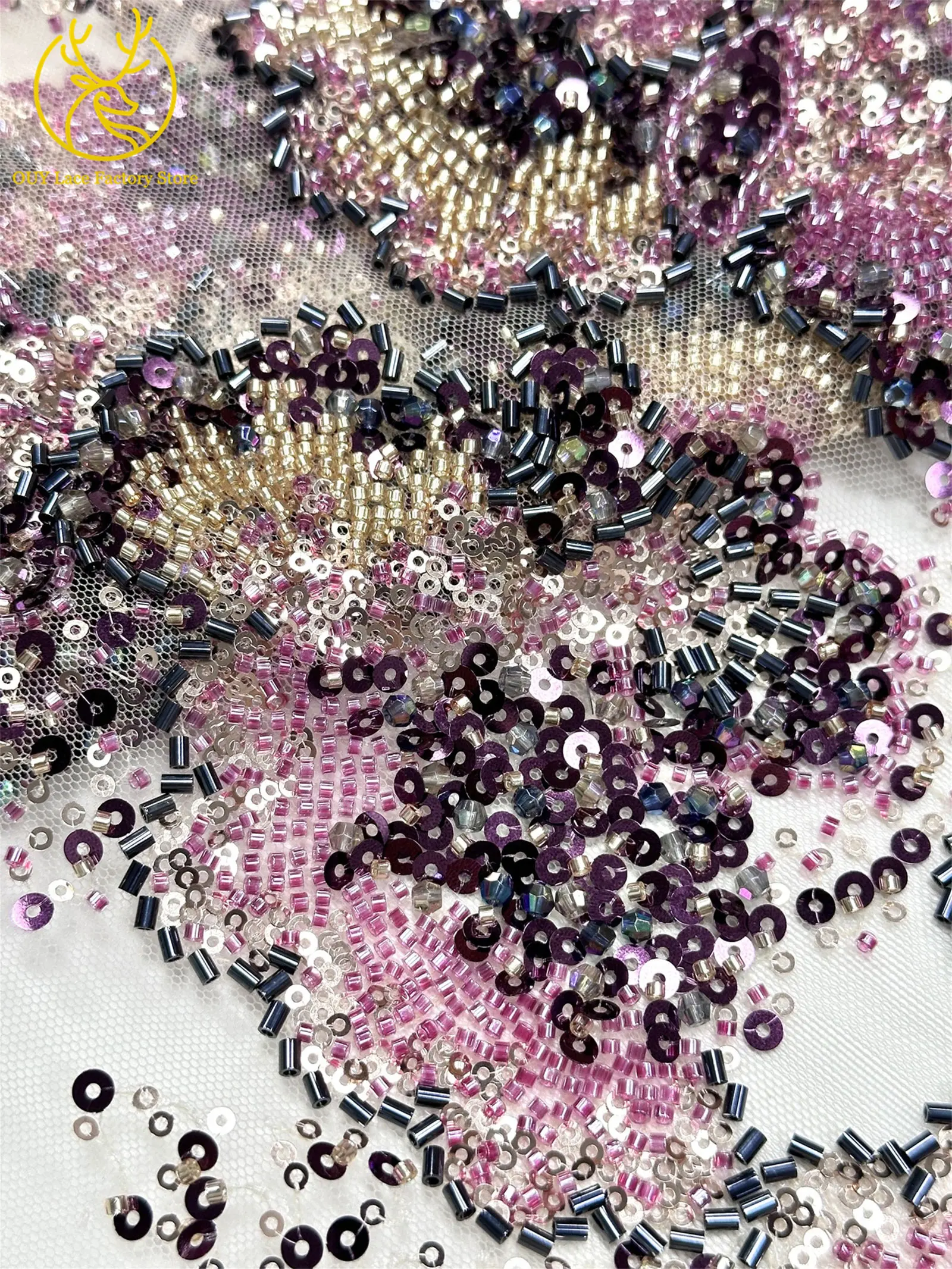 Barock-Stil, perlenbesetzter nigerianischer Tüll-Spitzenstoff 2026, hochwertige französische Pailletten-Spitze für Hochzeits- und Partykleider, zum Nähen, 5Y – Detail 12