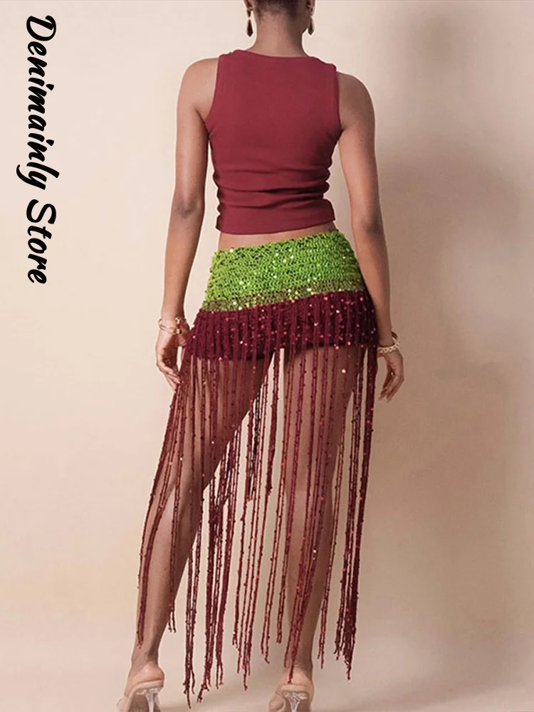 Fashion Women's Knitted Contrasting Tassel Skirt High Waist Sequin Hollow Out Mini Bodycon Skirts 2026 Lady Beach Party Outfit