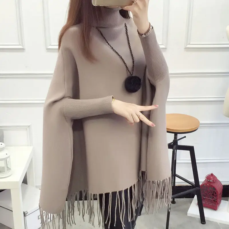 Korean Loose Fit Autumn and Winter New French College Cape Women Mid-length Poncho Warps Woolen Tassel Solid Female Coat T326