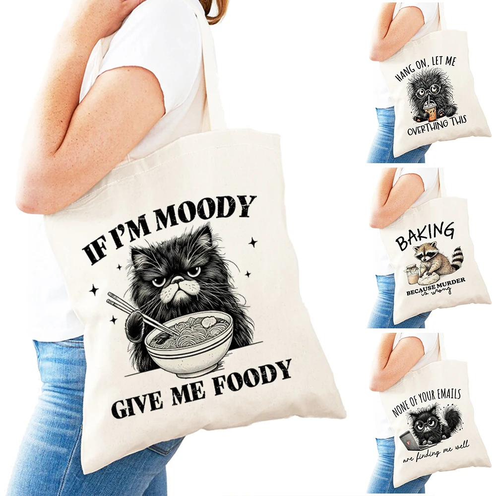

Casual Cat Ramen Lady Shopper Bags Double Print Raccoon Baking Women Daily Use Bag Lightweight Duck Tape Girl Shoulder Handbag