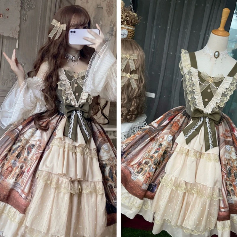 Japanese Lolita Sweet Printing Dress Sirl JSK Lace Patchwork Y2k Aesthetic Sleeveless Dresses Kawaii Ruffles Party Bow Vestidos