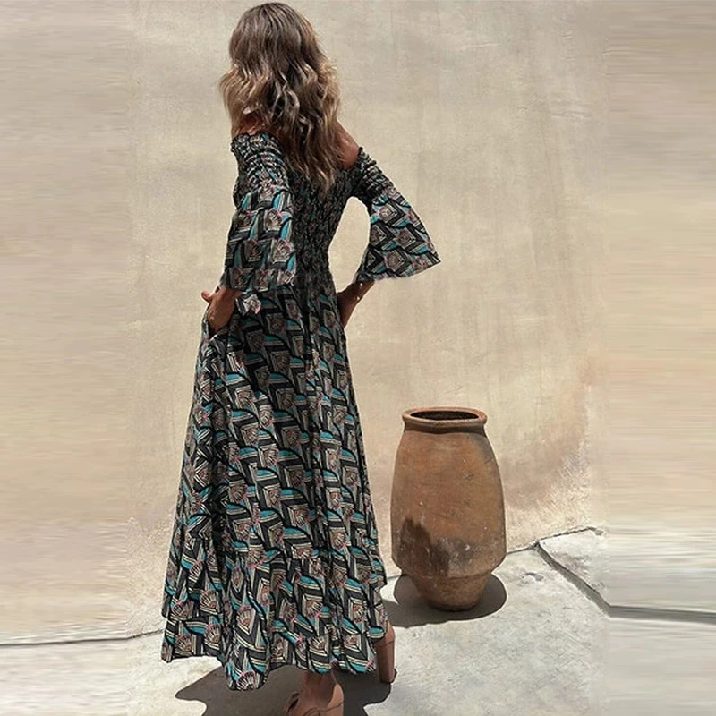 

Spring Summer New Vacation Dresses Vintage Pattern Printed Slash Collar Dress Elegant Long Sleeve High Waist Pleated Party Dress