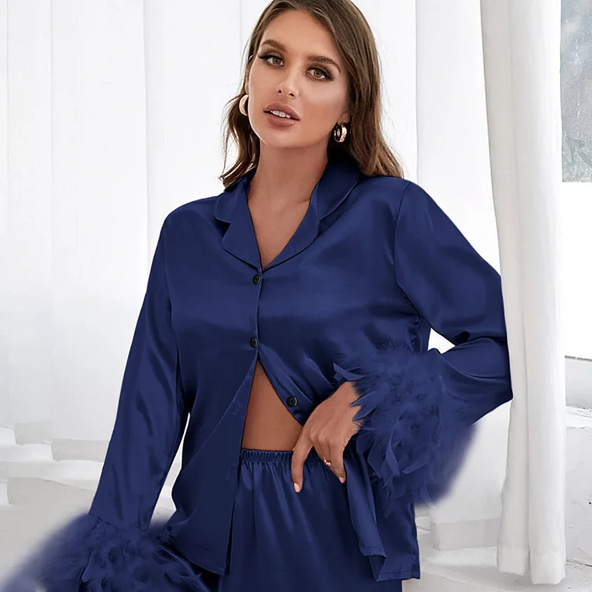 Plus Size Women Feathers Sleepwear Casual Pajamas Sets Long Sleeve Satin Silk Pajamas with Detachable Feathers