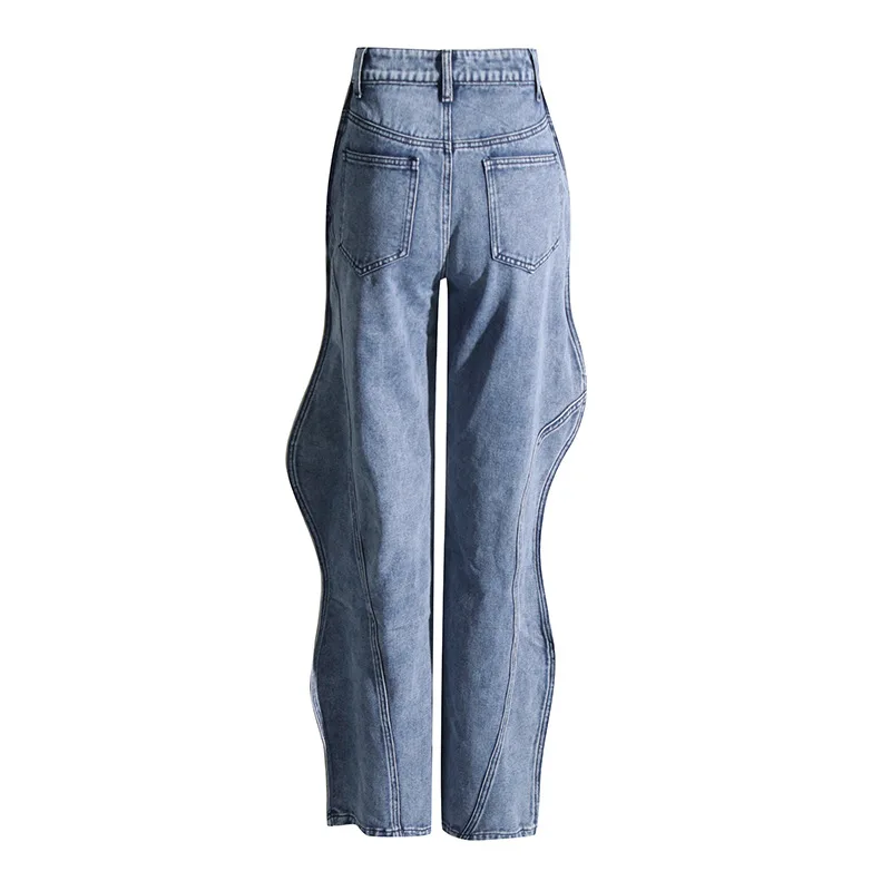 Damen hoch taillierte Asymmetrische Kante mit weitem Bein Röhrenjeans, Nischen design, Frühling