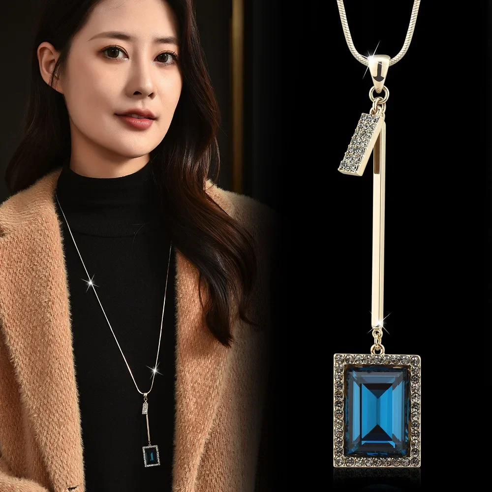 قلادة طويلة بسيطة وعصرية، سلسلة سترة شرابة كريستال هندسية