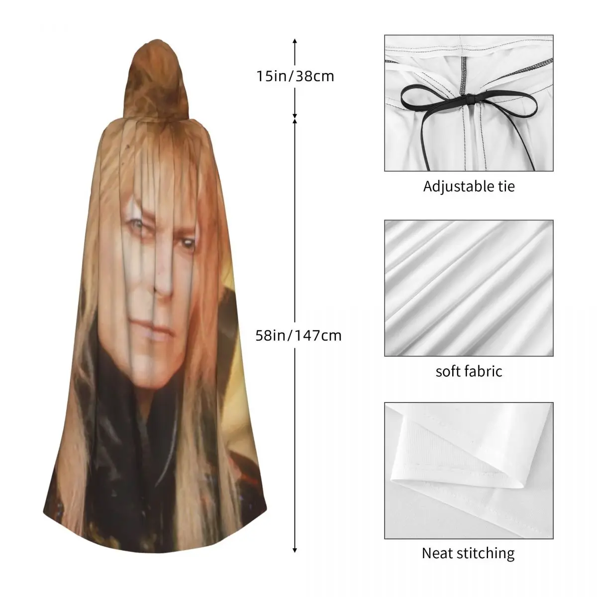 Jareth ملك العفاريت الوقاية في متاهة طويلة مقنعين عباءة الساحرة القرون الوسطى زي تأثيري كيب هالوين مصاص دماء الكبار