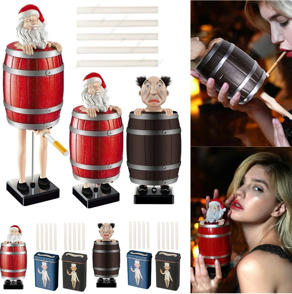 Funny Cigarette Holder Pop Up Cigarette Dispenser Santa Claus in The Wooden Barrel Cigarette Case for Christmas Party Prank Toy