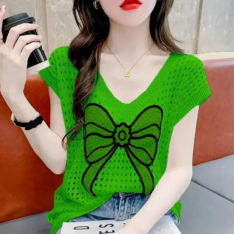 

Summer Women Clothing Hollow Out Bow Smock T-Shirt Fashion Casual V-Neck Short Sleeve Lazy Green Blue Thin Knitted Tops ZT279