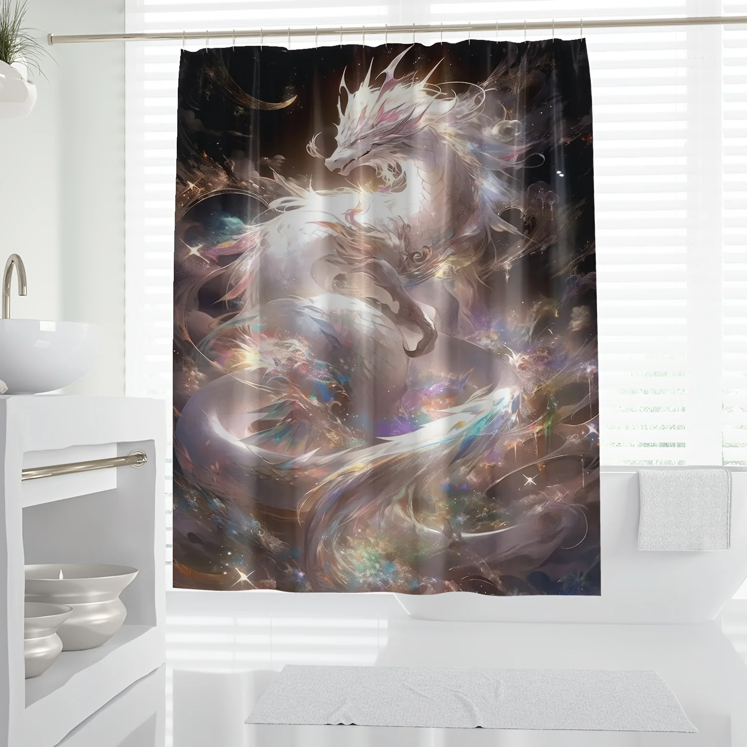 

1pc Vibrant Golden Dragon Art Print Shower Curtain - High Quality Polyester, Machine Washable, Cosmic Fantasy Design with