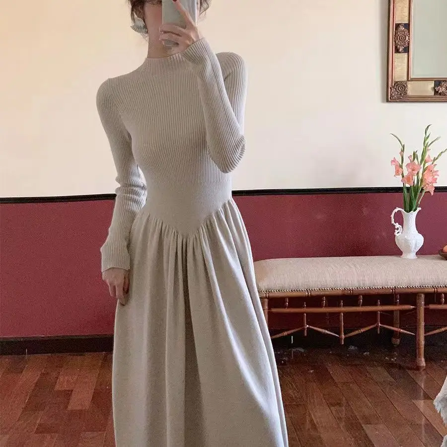 Korean Style Mock Neck Knit Dress for Women Vertical Striped Rib High Waist Slim Fit Big Swing Maxi Dress