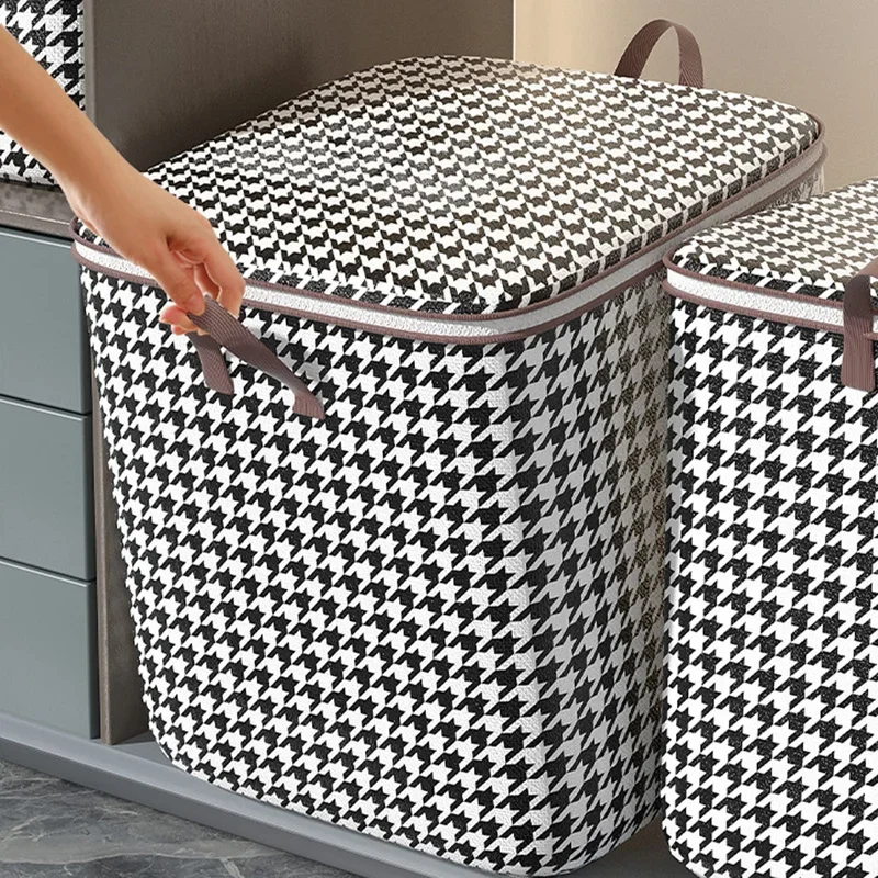 Practical Storage Boxes with Lids Houndstooth Clothes Quilt Bins Container Organizers with Handle for Bedroom Closet