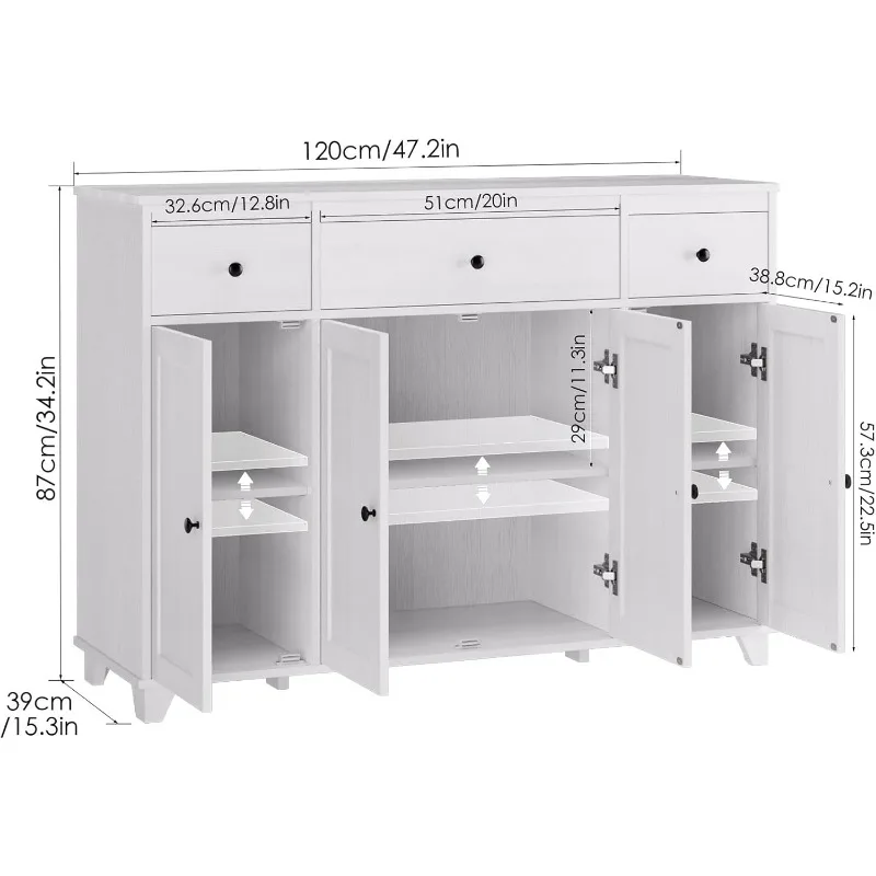 Armoire de Rangement Blanche avec 3 Broches de Proximité et 4 Portes, Étagères Réglables, 47 Pouces, Bar à Café Moderne