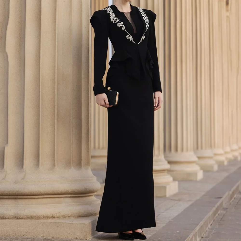 

Customized A-Line Prom Dresses Ankle-Length Square Collar Full Sleeve Evening Gown Fashion Crystal Simple Draped Party Gown