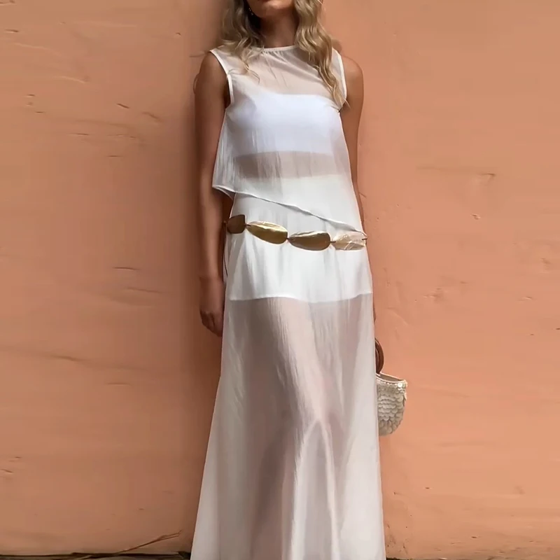 

Commuter O-neck casual set, simple summer vacation party half skirt set transparent top and half skirt loose 2-piece set
