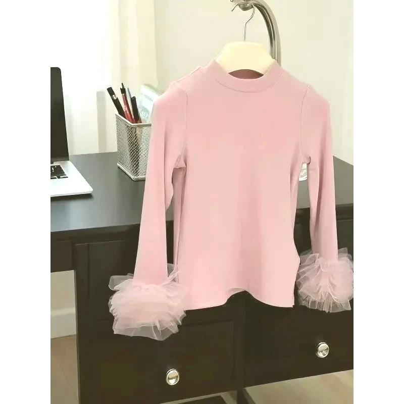 

Spring and Autumn Girls' Clothing T-shirt Baby Elegant Children's Sweet Mesh Lace Half High Collar Bottom Shirt