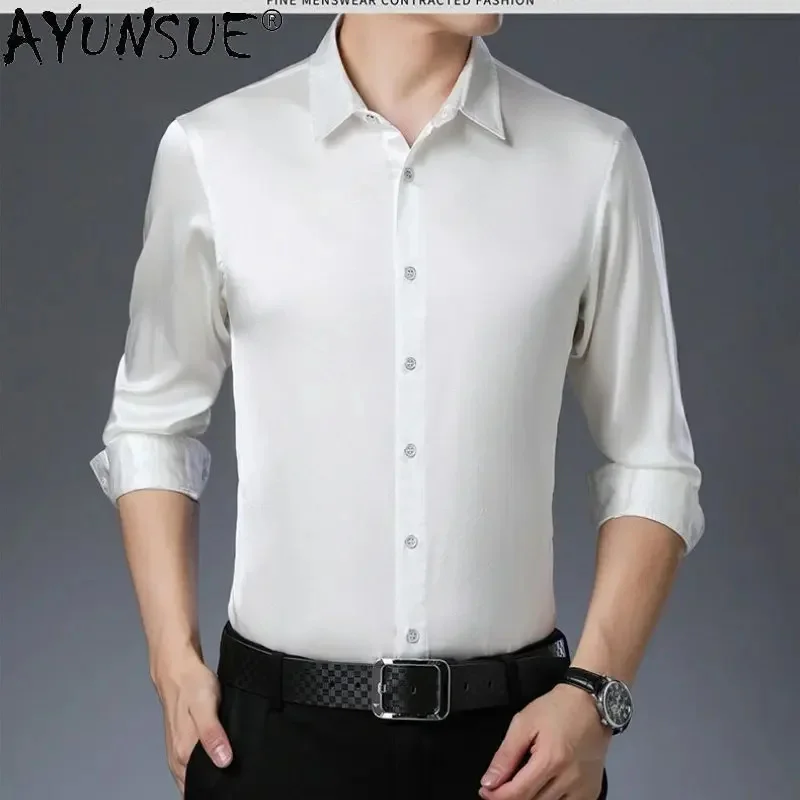 AYUNSUE 92% Mulberry Real Silk Long Sleeved Shirt for Men Loose Casual Tops Solid High Quality Men's Clothing Ropa Hombre