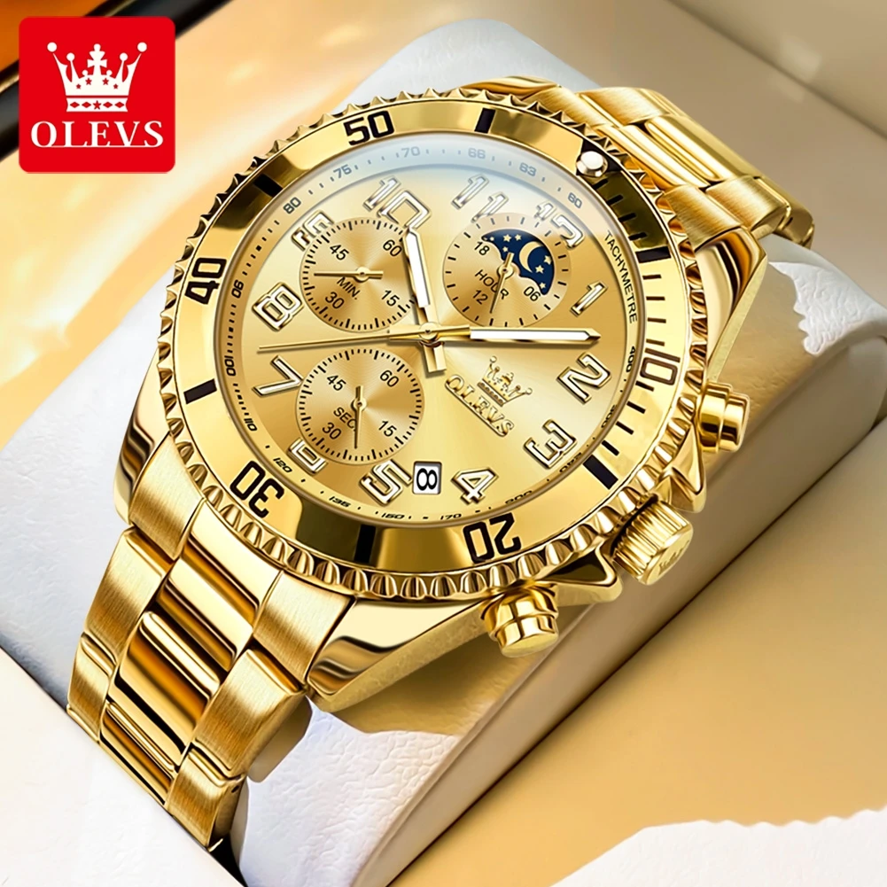 OLEVS 2926 Mens Watch Business Original Brand Quartz Watch Moon Phase Waterproof Multifunctional Chronograph Watch For Men Gifts