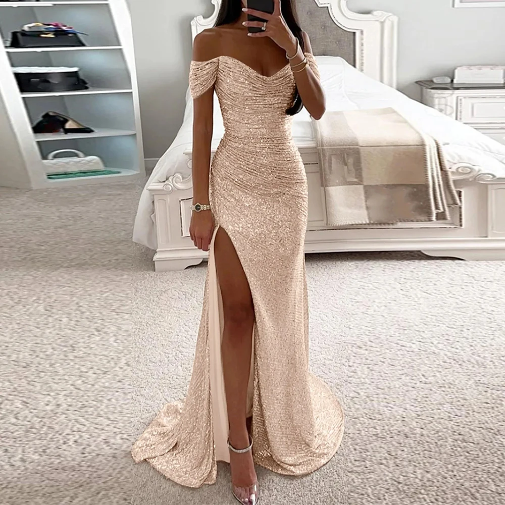 Mermaid Exquisite Sequined 2024 Evening Dress Off Shoulder High Split Sweetheart Prom Gowns Party Sexy Formal Robe De Soiree