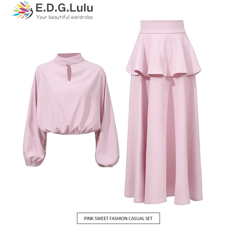 

EDGLuLu 2 Pieces Set For Woman Stand Collar Long Sleeved Loose Top+High Waisted Lotus Leaf Edge Skirt Pink Suit 0718