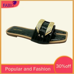 FABIO PENNY Women's Metal Decorated Flat Slippers Summer Fashion Casual Slip-On Comfortable Beach Vacation Shoes