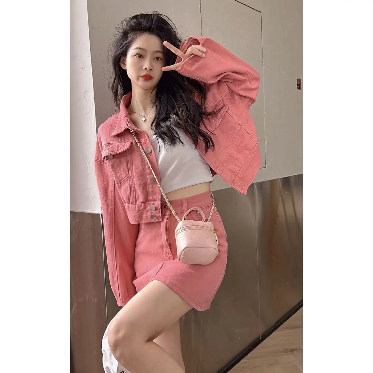 ربيع الخريف الدنيم مجموعة المرأة ort عالية الخصر ألف خط تنورة قطعتين دعوى Faionable عارضة الزي البوليستر طويل Sl...