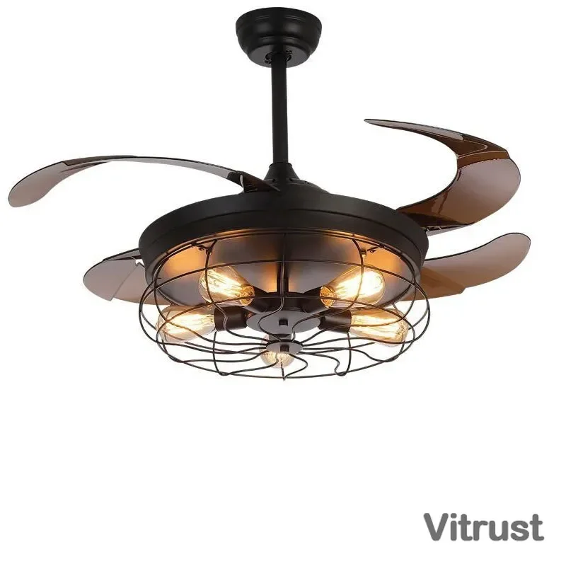 Vintage Invisiable Ceiling Fan Creative Ceiling Fan with Lamp and Remote Control for Shops Cafes Dining Room