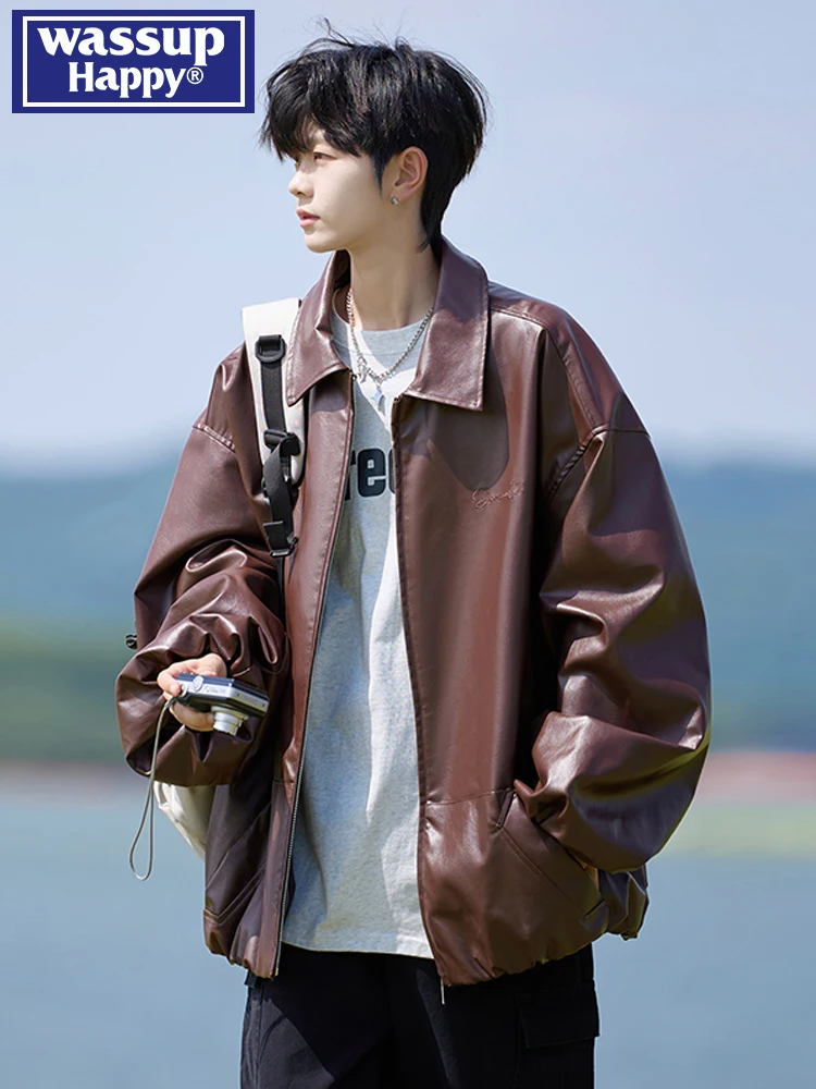 

Мужская кожаная куртка Wassup Happy, повседневная американская свободная мотоциклетная куртка, весенне-осенне-зимняя верхняя одежда, пальто