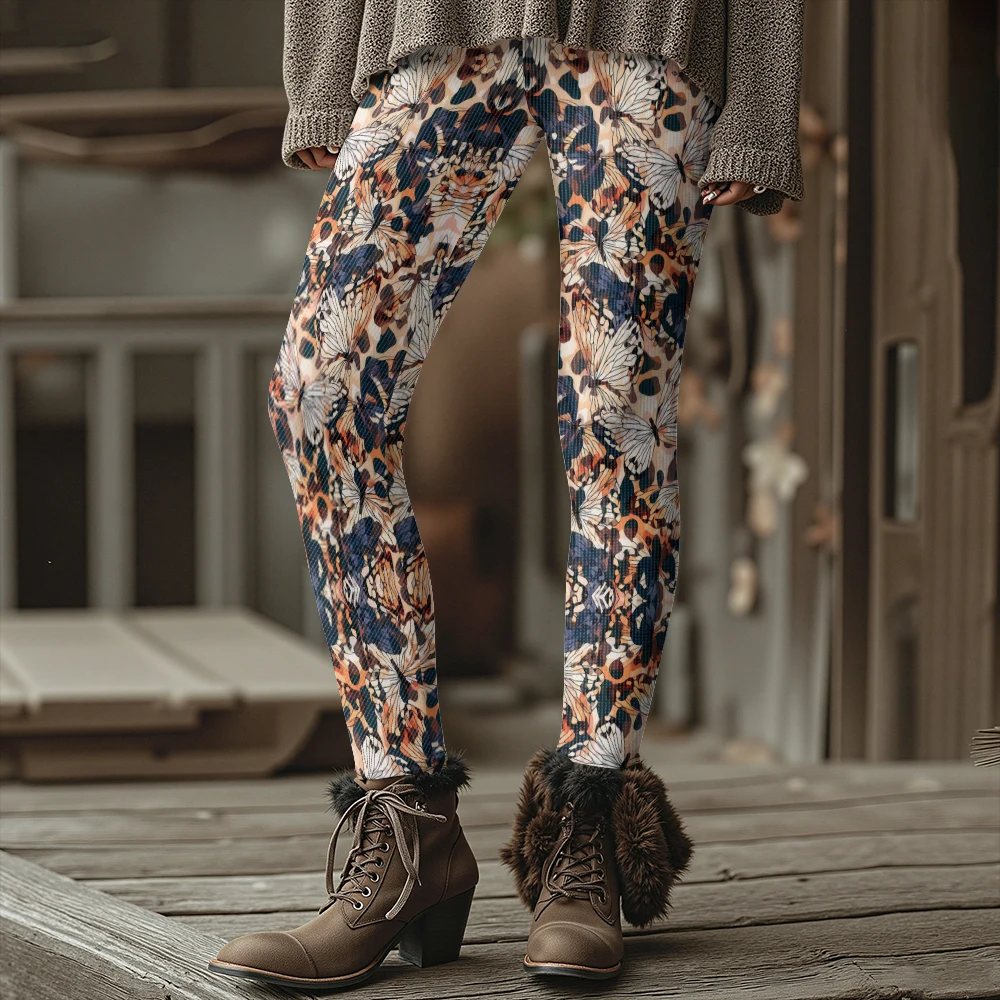 فراشة طباعة طماق النساء الشتاء سميكة الحرارية البوهيمي Harajuku الشارع موضة مثير السراويل الضيقة الملونة التصميم الفني #4