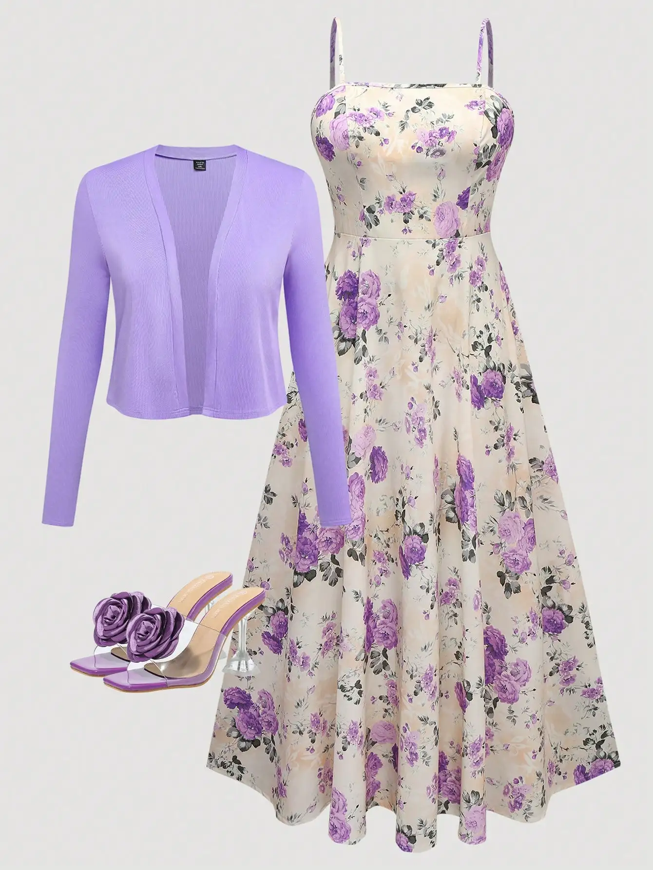 

Женский комплект: платье-камисоль с цветочным принтом и кардиган с длинными рукавами