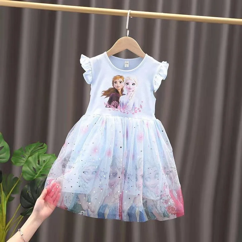 Children's Girls Cosplay Dress Summer 2021 New Frozen Short Sleeve Princess Essa Skirt Children's Mesh Gauze Skirt Tide