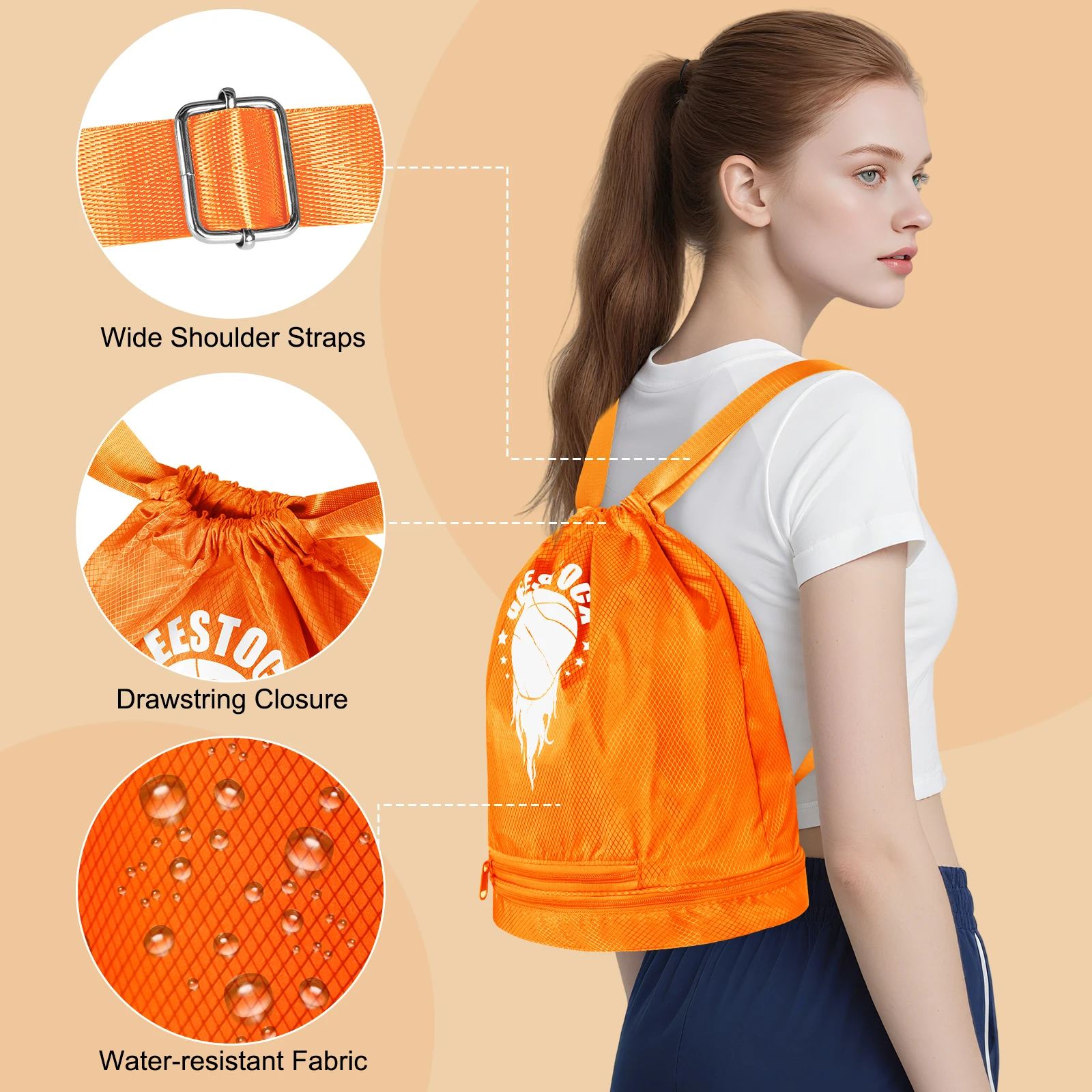 Picture 5: 20L Durable Orange Drawstring Gym Travel Storage Bag Women Sports Backpack for Basketball Football Running Outdoor Activities