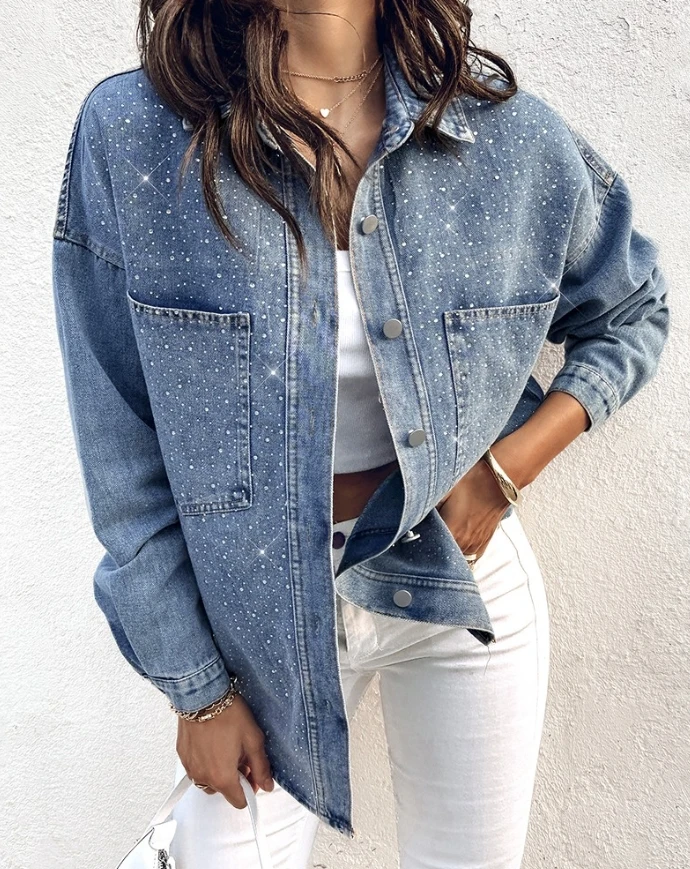 

Women's Rhinestone lapel long sleeved front buckle pocket denim shirt fashionable and casual 2025 autumn and winter new item