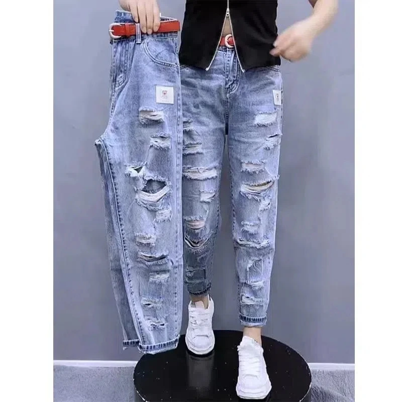 

Korean Wild Hole Jeans Women Spring Summer New High Waist Straight Leg Chic Loose Denim Pants BF Friend Casual Ankle-Length Pant