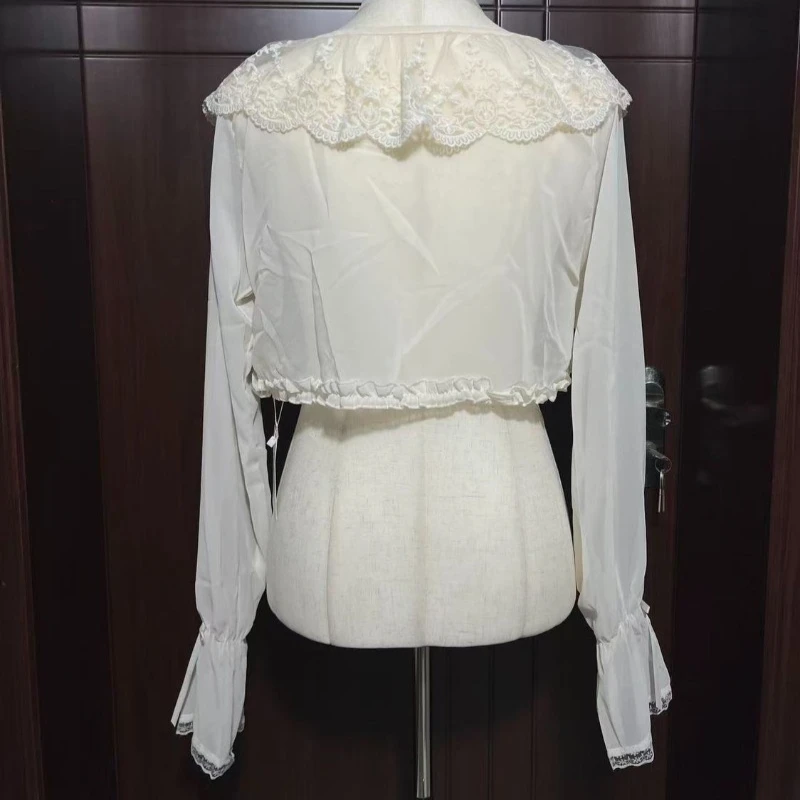 Summer Sweet Lolita Short Coats Women Kawaii Ruffles Lace Mesh Bow Long Sleeve Crop Tops Girls Vintage Elegant Princess Cardigan