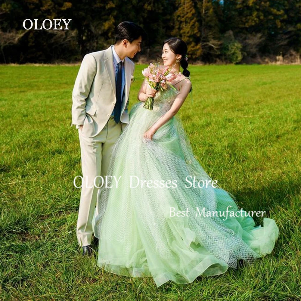 OLOEY 2025 nuevo vestido de fiesta verde Corea sesión de fotos sin mangas una línea vestido de fiesta de boda plisado tul marfil red hasta el suelo personalizado