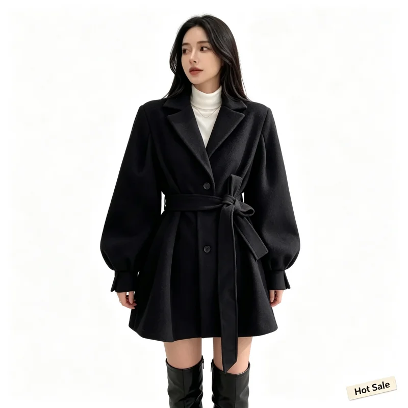 Women's Belted Lantern Sleeve Wool Coat Notched Lapel Short Wrap Jacket Fall Winter Elegant Outerwear Streetwear 2026