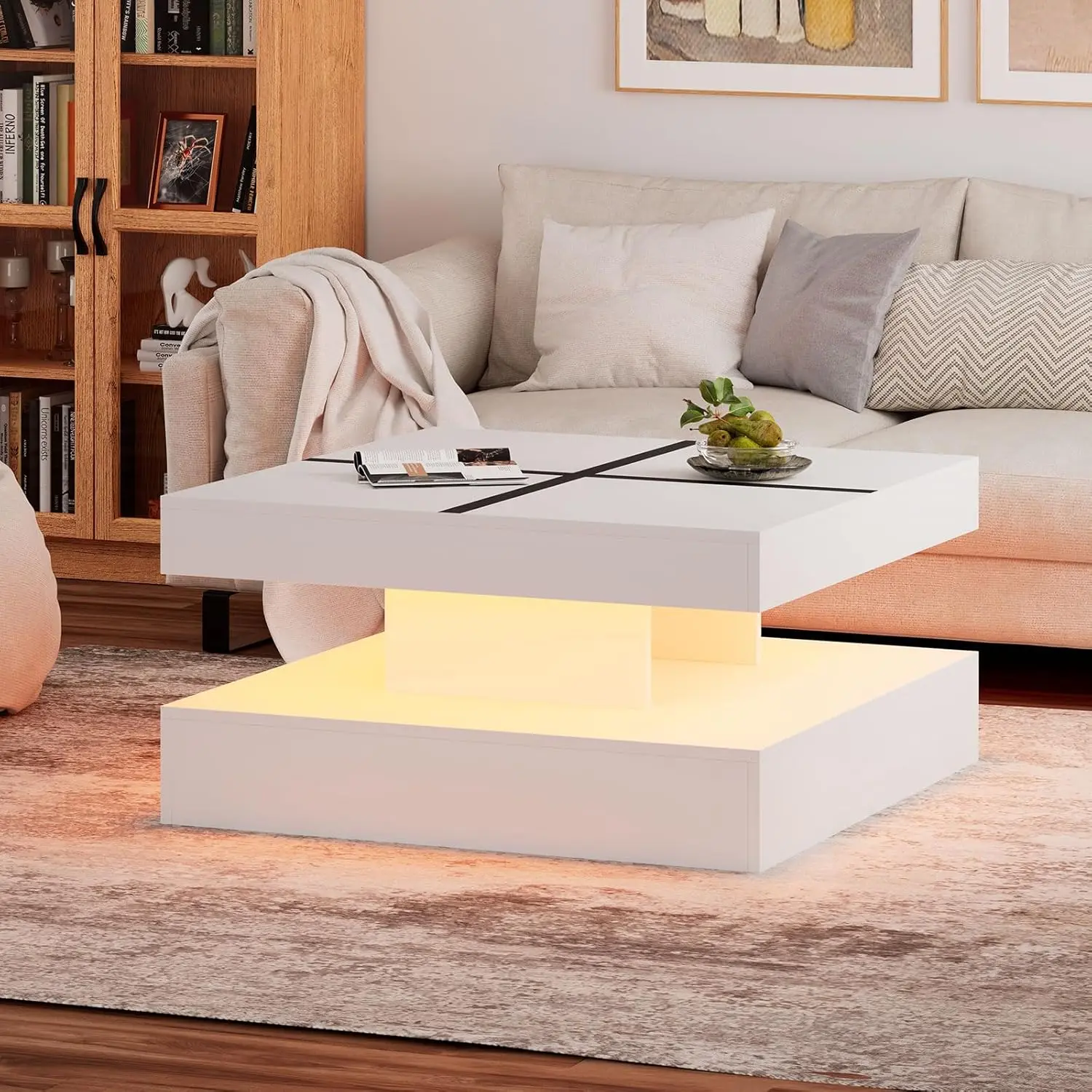 

White Black LED Coffee Table with Storage for Living Room Modern Smart Tall Square Center Table 2 Tier Display Shelf