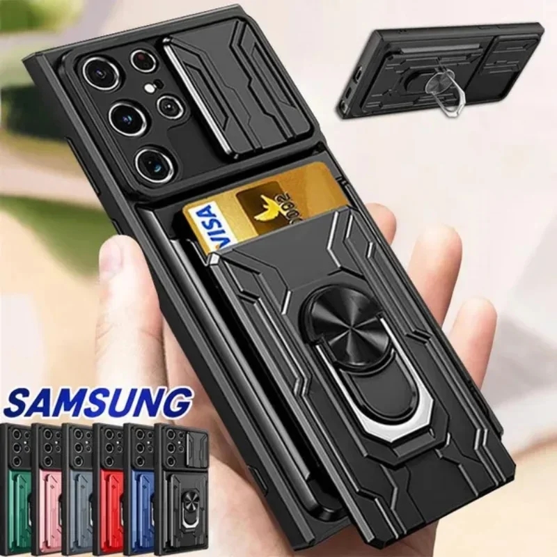 Luxury Shockproof Slide Lens Protector Multi Functie Hard Armor Case Cover Samsung Galaxy S24 S23 S22 S21 Ultra A55 A35 A15 5G