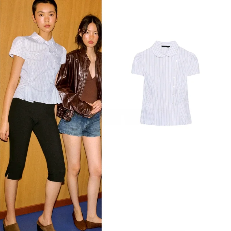 

Новая женская весенняя блузка с коротким рукавом, плиссированным подолом, в полоску, из шелка и дышащего полиэстера, приталенного кроя, для повседневной носки