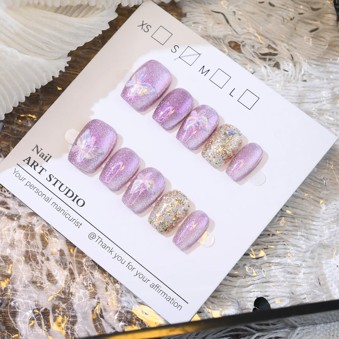 

10pcs Butterfly Cat-Eye Handmade Nails Purple Rhinestones Press on Nail Short Square Round False Nail for Women&Girl Fake Nail