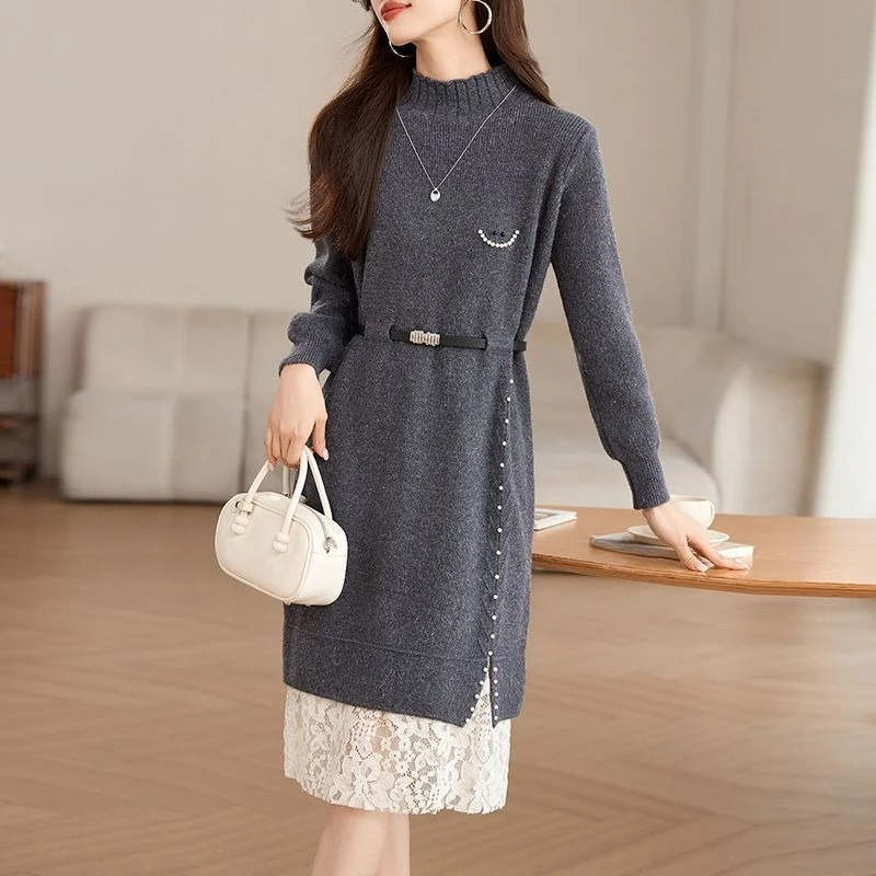 Women Fall Winter Mesh Knit Sweater Dress Fairy Vibe Fake 2 Piece Midi Dress Elegant Outerwear Tunic Top