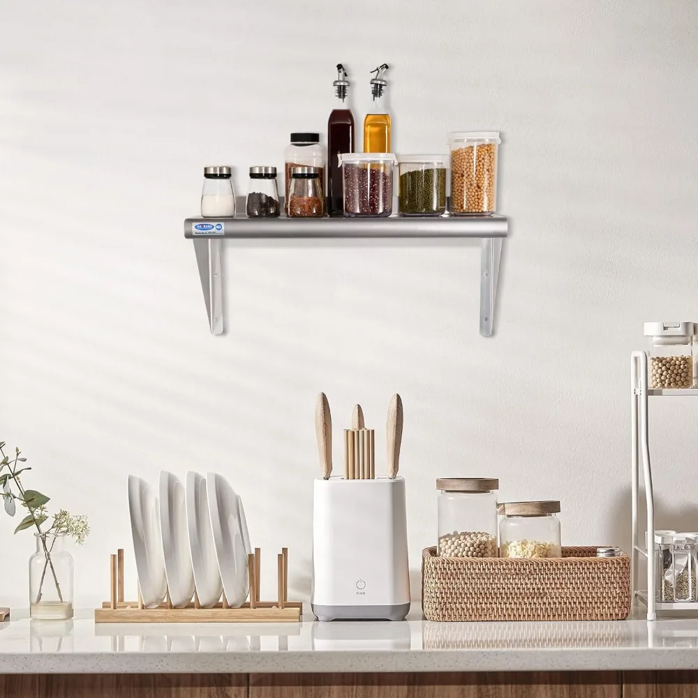 أرفف مثبتة على الحائط من الفولاذ المقاوم للصدأ من الدرجة التجارية، مقاس 18 × 36، تدعم ما يصل إلى 340 رطل، مع رقعة خلفية وأقواس للمطبخ